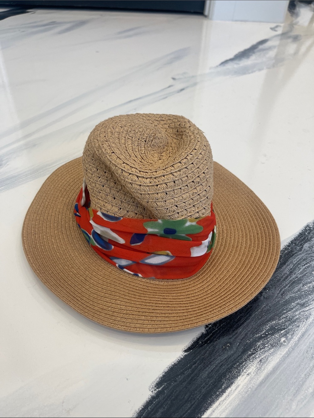 Eugenia Kim Tan Straw Hat with Red Floral Scarf Band